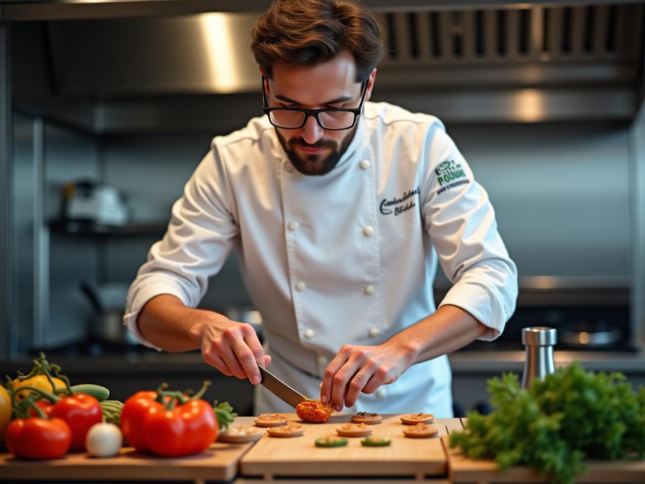 Professional chef demonstrating cooking techniques in modern kitchen