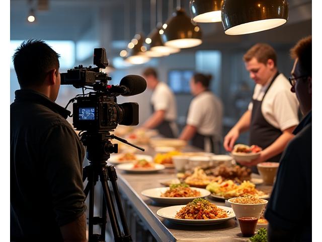 Documentary crew filming culinary content in restaurant kitchen
